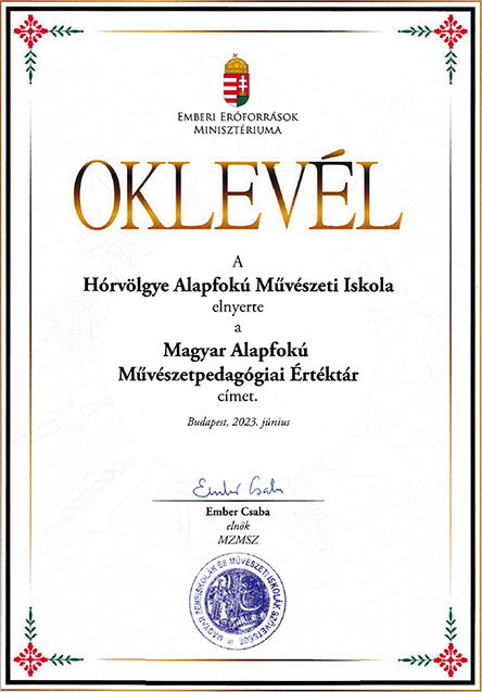 Művészetpedagógiai értéktár oklevél